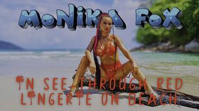 hot monika fox in see-through red lingerie on beach