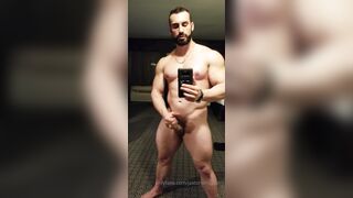 Giant beefy teddy blows a load in front of mirror