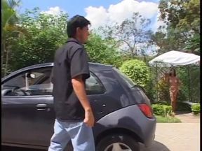 Chick with a dick bends guys ass over and fucks it deep outdoors