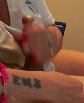 Big Load of Cum After a Quick Handjob Watching TV Together