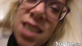 Nerdy UK babe is hammered doggy by senior after sucking him