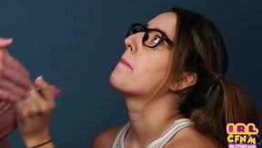 CFNM amateur sex chick with glasses sucks and tugging coc