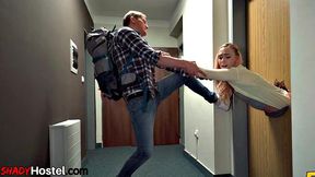 Sweet hostel babe handles 2 dicks