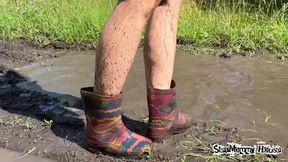 Girl Jumping in Color Rubber Boots in Muddy Puddles - Stuck in the Mud Shoe, Dirty Soles Feet, Foot Fetish, Mud & Quicksand Sinking, Rough Calluses, French Pedicure Toenails, Funny Loud Laugh 4k