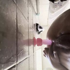 Fat guy taking dildo deep in shower