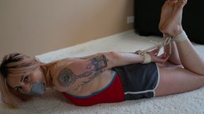 1138 Violet in Red Body Suit Barefoot Hogtie