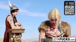 Two costumed femmes love erotic play outside in