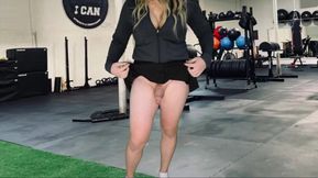 Shemale in mini skirt dick flash gym public cumshot