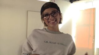 Aubrey Luna wearing glasses and giivng a blowjob