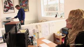 Secretary shares a long cock with a busty brunette chick