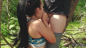 Black Lynn sucks fat hard boner  outdoors until hot cum shoots in her mouth