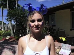 Blonde fucktoy spins on my cock for cash outdoors