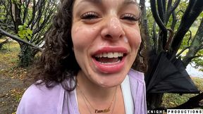 betty buttplug blowjob outdoors and cumwalk