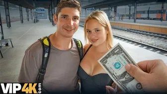 Blonde babe sucks cock in train station bathroom with stranger