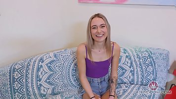 Skinny blonde babe Thea Summers opens her pussy on camera at casting