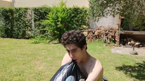 Beautiful Man Inflates His Inflatable Whale Near Pool Outside