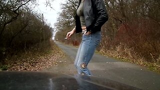 sandralein33 walking on Street in Blue Jeans