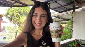 Public toilet blowjob and cumwalk - she sips coffee with cum on her face