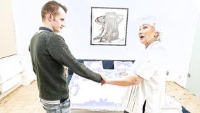 ”Old Woman gets her bushy muff thumped by young toyboy”