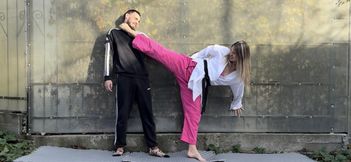 First a POV demonstration of karate kicks and then a lot of professional kicking of a guy.