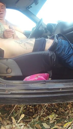 my wife jerks off my dick in the car in the parking lot   Clip 1