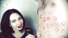 Covering Alex belly, chest and navel with red lipstick kisses!!