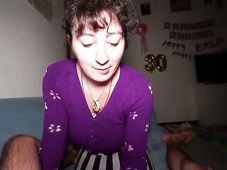 Housewife gives him a oral job during the time that caressing his balls (spunk fountain in throat)