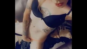 Sexy Tranny in Stockings Heels and Lingerie Rubs Her Clitty