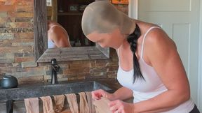 Submissive Wife Accepts Challenge and Puts 9 Pairs of Pantyhose Over Her Head