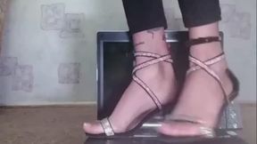 Nastya walking and trampling laptop very sexy high heels + spitting + buttcrush + barefeet