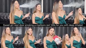 Sweet girl next door smoking a Marlboro Red 100s for you with deep inhales!