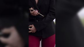 Jeny Smith struts in red leggings down the city streets