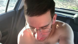 Jerking off and cumshot in the car on a dirt road