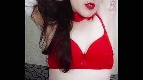 Hot secretary Lammy Pixel in a red miniskirt teases, deepthroats and masturbates with her small tits