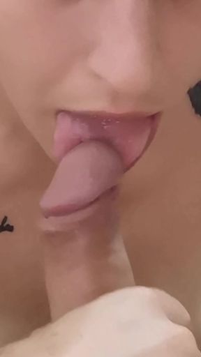 Close up, Using My Tongue to Lick His Bud and Play with His Cock