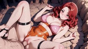 horny anime redhead rides hard in orange bikini until dripping overflow