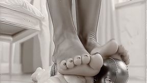 tiny slave under the giants sweaty feet (ordered to massage, smell and lick feet, and being totally trampled)