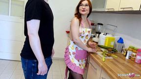 Blonde bombshell TinyEmily gets a creampie in the kitchen, step-sister surprise, dripping sex