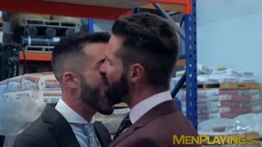 Classy studs go to the warehouse for hardcore analhammering