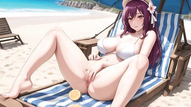 Purple haired beach bimbo gets raw titfucked creampie on the sand