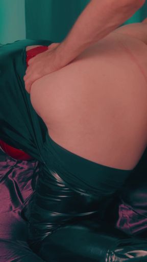Tearing off clothes and rough fuck in a hairy pussy, Facial. Big Ass MILF in shiny black PVC catsuit used like a slut   Clip 2