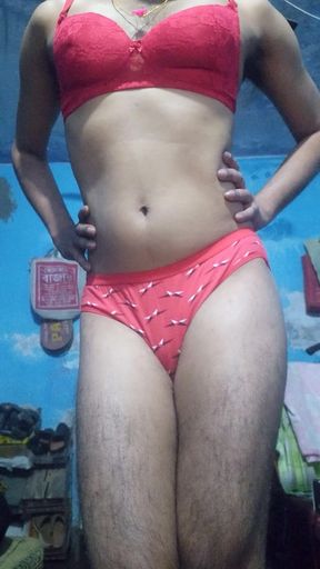Indian Femboy Crossdresser Wearing His Step Sister's Red Bra and Panties