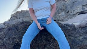 Peeing in Tight Jeans on the Beach