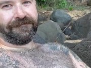 Hairy Dad horny at the beach in a speedo goes home to jerk off and cum