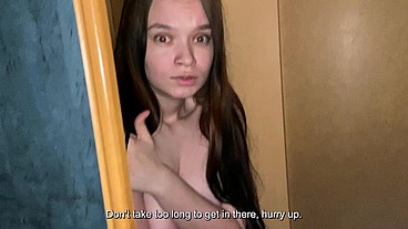 Frightened stepdaughter hid in the closet. Stepfather's big cock kept her slobbery mouth company