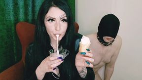 Sweet spitting ice cream for my slave. Food fetish. So tasty!