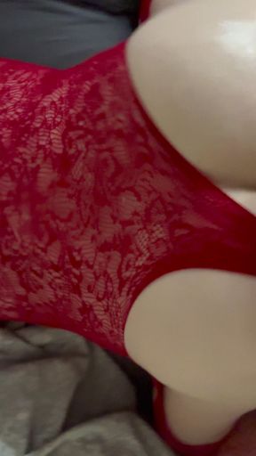 Big granny butt red lingerie thong bend over