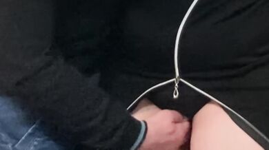 Pink pussy dripping in pink dress on subway fingers