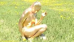 Sexy ebony babe in skintight golden spandex catsuit posing outdoor