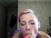 Nicki Skylar takes a big dildo in her mouth and pussy